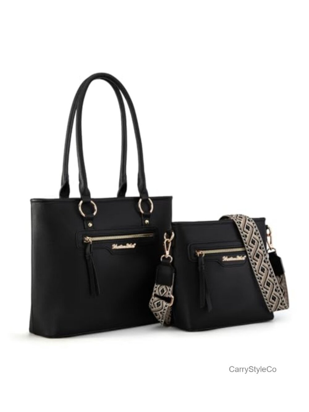 2-Piece Tote & Crossbody Set, Vegan Leather, Large Handbag, Guitar Strap